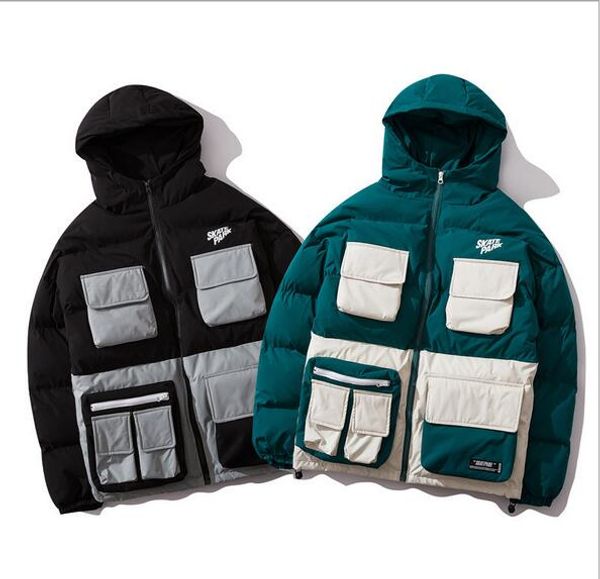 

mulit pockets color block patchwork hooded parkas streetwear harajuku hip hop casual cotton padded thick jackets coats, Black