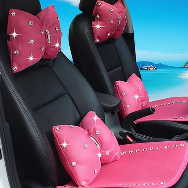 

summer mesh crystal rhinestones car headrest neck pillow breathable diamond auto seat head waist rest support for girls women