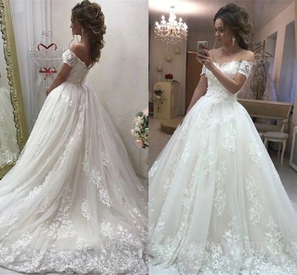 

off the shoulder lace wedding dresses 2020 western a line backless bride wedding gowns appliques vestidos with court train, White
