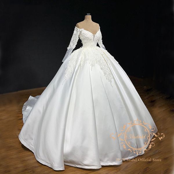 

реальные фото длинные рукава бальное платье атласное свадебное платье v шеи бисером кружева дубай люкс свадебные платья настроить, White