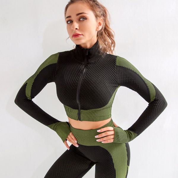 

women long sleeve yoga shirt patchwork gym clothing zippered workout fitness crop seamless sport suit, White;red