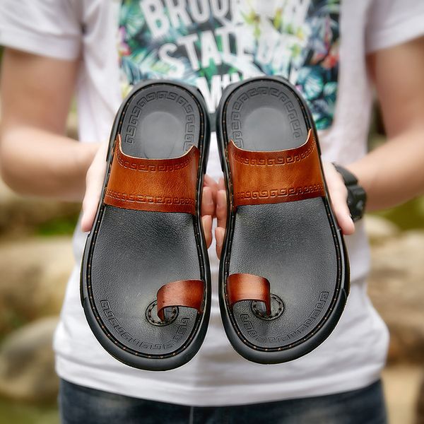 

mens leather slippers outdoor 2019 men slipper cool fashion men's slides summer man casual beach sandals flat flip flops brown, Black