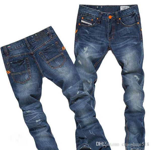 

новый 2018 европа америка моды новые мужские джинсы патч печати отверстие развивайте свою мораль прямые джинсы для мужчин бесплатно, Blue