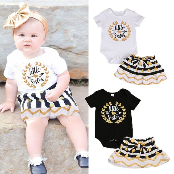 

t-shirt +dress set 2 pieces big/little sister matching outfit summer letter cartoon romper striped bowknot dot skrit set, White