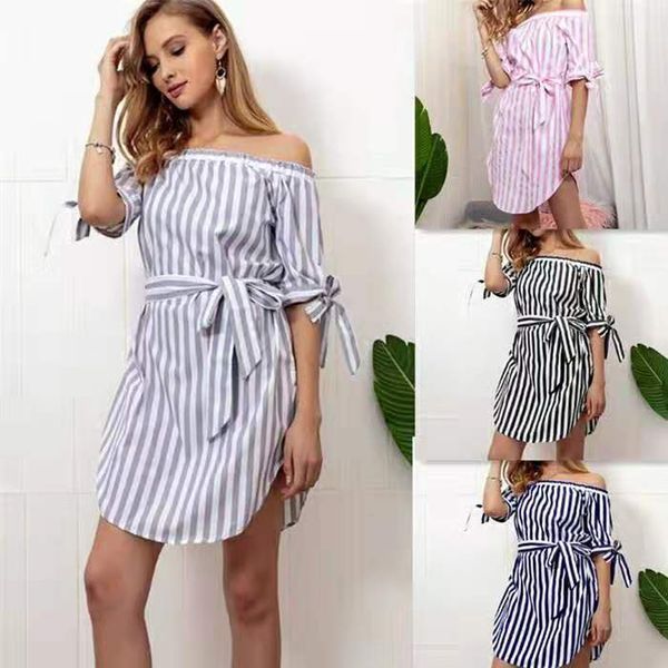 

women short sleeve short mini party dress female 2020 summer black stripe slash neck off shouder casual dresses with belt, Black;gray