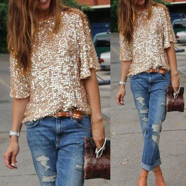 

shiny glitter round neck girls women t shirt gift loose soft daily summer solid casual sequined bling middle sleeve fashion, White