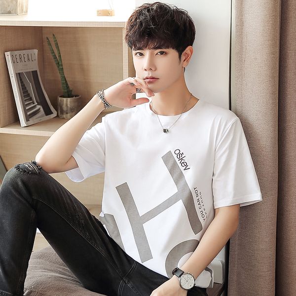 

casual t-shirt men's summer short-sleeved ice silk letter printing short tee five-point sleeve cotton loose youth shirt, White;black