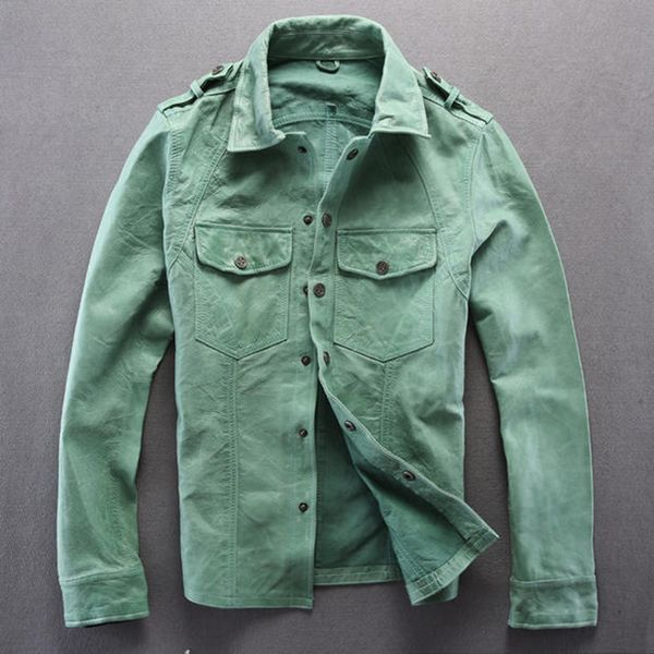 

2016 slim fit leather shirt men real goatskin green/ white genuine leather jacket men thin wind jacket men's skin shirt, Black