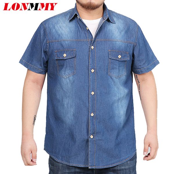 

lonmmy 7xl 8xl denim shirts men dress jeans blusas masculina casual shirts for men short sleeves cotton man high quality, White;black