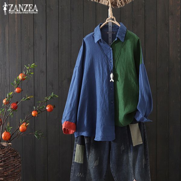 

plus size tunic color patchwork vintage women's autumn blouse 2019 zanzea casual long sleeve shirts female button blusa 5xl, White