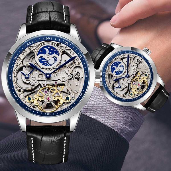 

forsining automatic mechanical men watch moon phase waterproof sport casual clock leather strap business skeleton men's watches, Slivery;brown