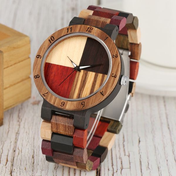 

fashion watch men's watch unique mixed color splice dial quartz full wood adjustable band quartz wristwatch clock relojes hombre, Slivery;brown