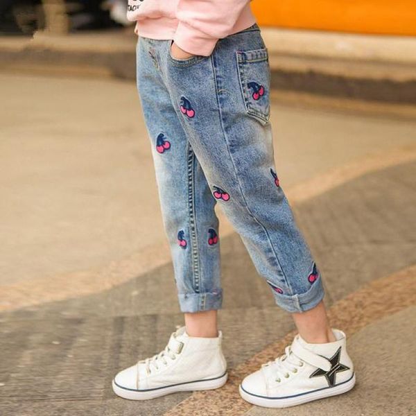 

girls autumn winter cherry printed denim pants kids jeans kids trousers for teenagers ripped jeans 3-12years, Blue