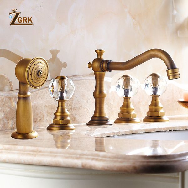 

zgrk basin faucets antique brass deck 5 holes bathtub mixer faucet handheld shower widespread bathroom faucet set water tap