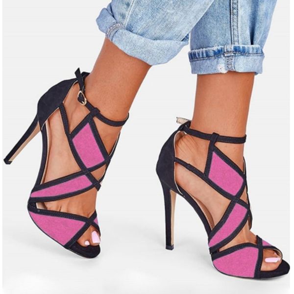 

new color matching peep toe girls summer shoes fashion cross-tied hollow ankle strap stiletto heel 11cm party sandals 3 colors, Black