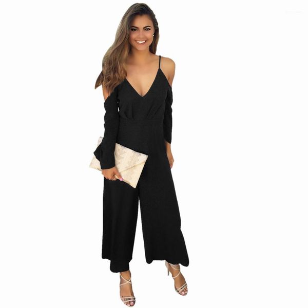 

wide leg playsuits deep v-neck spaghetti strap jumpsuits solid color rompers women summer, Black;white