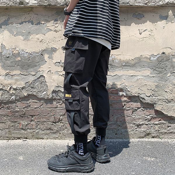 

men fashion sporty pants for hip hop safari style causal runnings pants high street jogger new pocket trousers, Black