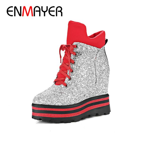 

enmayer winter woman's shoes hight increasing high heels ankle boots ladies lace up platform shoes fashion wedges boots cy082, Black