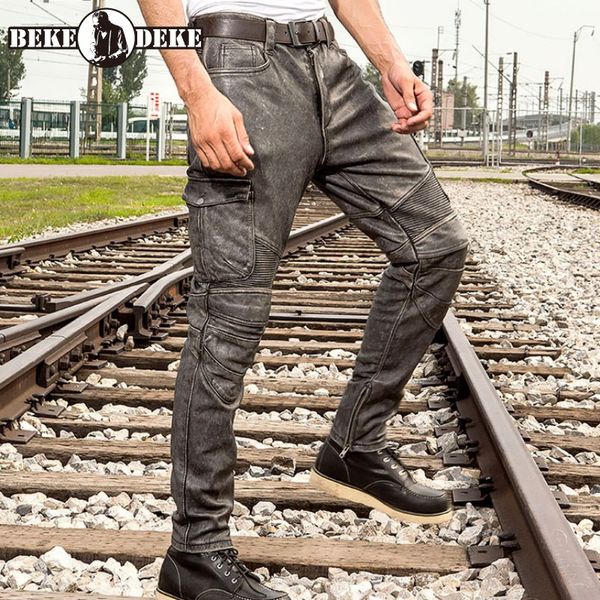 

moto biker cowhide leather pencil pants mens slim fit pockets genuine leather cargo pants man long rider trousers, Black