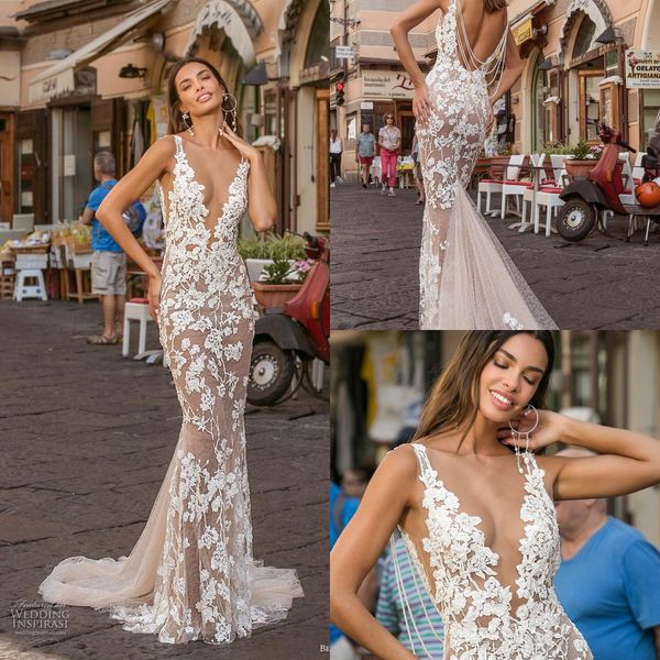 

2020 berta mermaid wedding dresses boat neck appliqued sleeveless floral bridal gown backless beading ruffle sweep train vestidos de novia, White