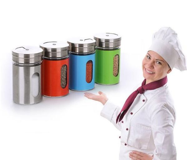 50 pz 4 Diverse Esigenze Fori Rotanti Barattoli di Spezie Pentola per Condimenti Sale Pepe Contenitori per Cucina Contenitore di Vetro in Acciaio Inox