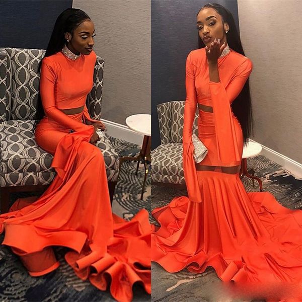 

long sleeve two piece mermaid prom dresses high jewel neck long sleeves sweep train formal dress evening gowns, Black
