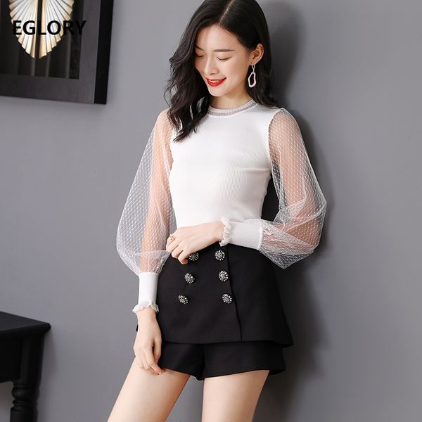 

2019 autumn winter fashion pullovers women hollow out mesh patchwork long sleeve black white knitted sweaters ladies jumpers, White;black