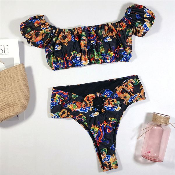 

20ss женщина дизайнер swimsuits sexy -плечий дракон шаблон из двух частей бикини нового стиля лето женщина дизайнер одежды, White;black