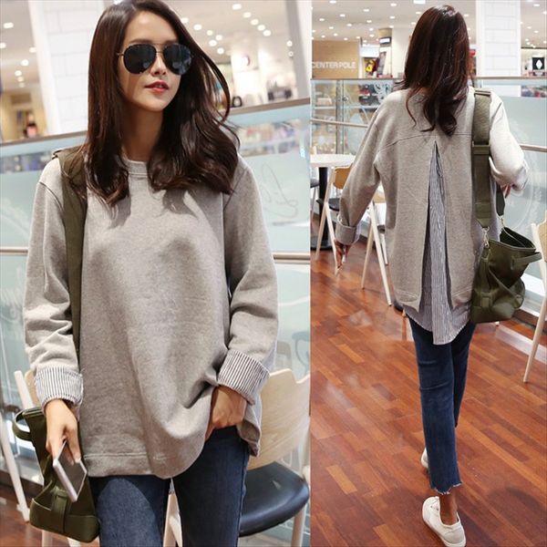 

autumn 2020 striped fake two-piece t-shirt women's front short and back long sleeved medium and long style loose student t-shirt fashio, White