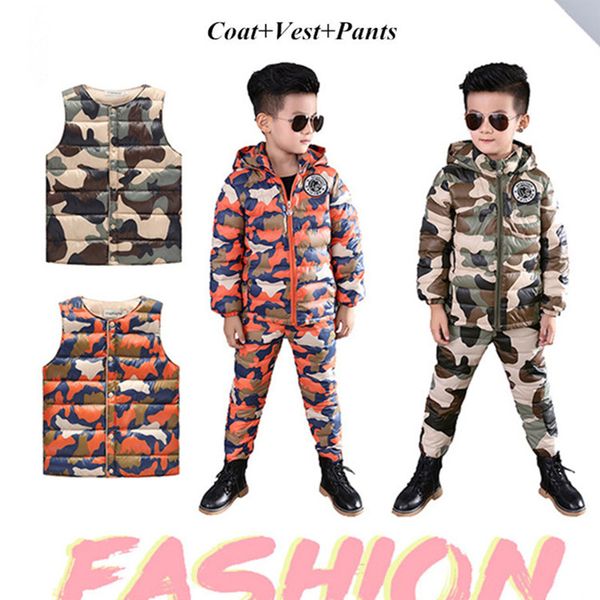 

дети камуфляж костюм дети зимняя одежда комплекты 3 шт cotton-padded с капюшоном куртка + брюки + жилет младенца мальчики девочки разминка в, White