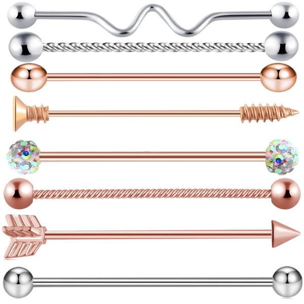 

tiancifbyjs 14g 1-8pcs surgical steel industrial barbell earring rose gold tragus cartilage helix piercing body for women men, Slivery;golden