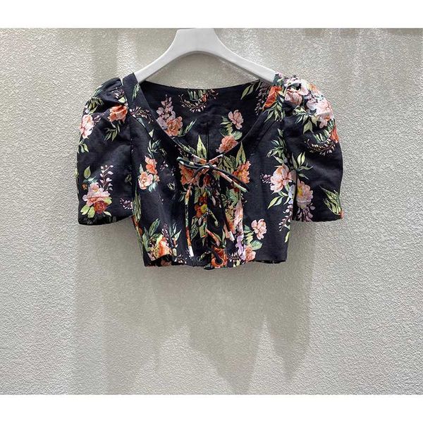 

2020 summer women's linen shirt short sleeve bow tie printed short top, White