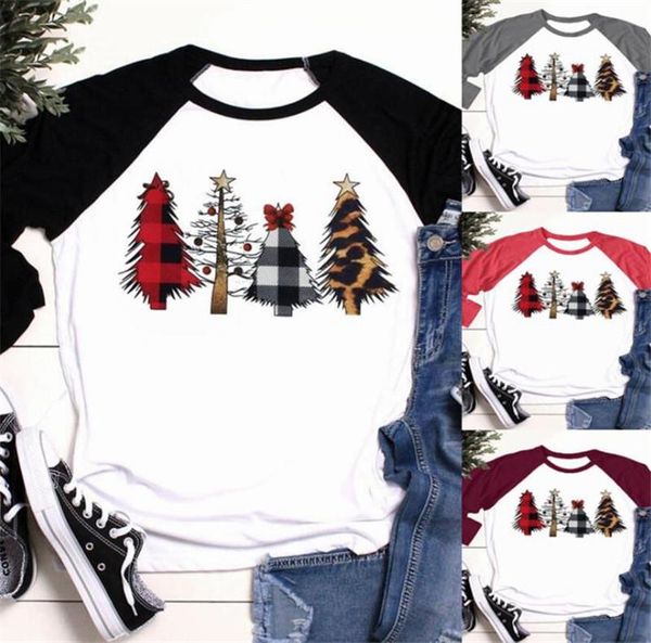 

christmas women designer tshirt fashion leopard print christmas tree pattern crew neck long sleeve women clothing, White