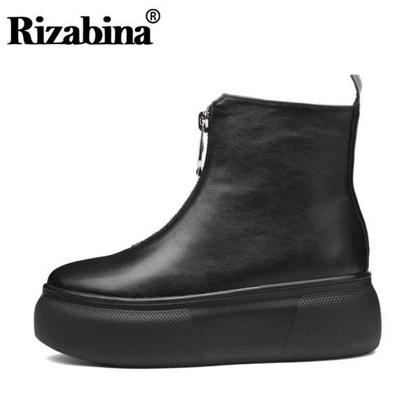 

rizabina real leather women ankle boots winter zipper black whiter boot warm platform flat heel shoes footwear size 34-39