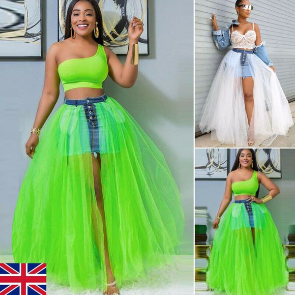 

2019 fashion women denim tulle mesh skirt high waist layers skirts casual ladies girl long maxi skirt, Black