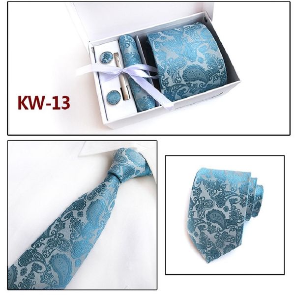 

hooyi flower tie set 8cm ties for men tie clip cufflinks gift box pocket square, Blue;white