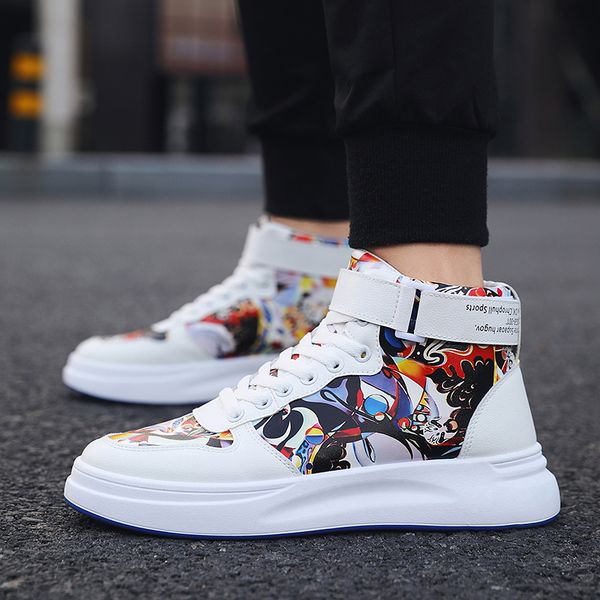 

unn ankle sneakers men shoes graffiti trainers shoes man white high footwear sapatos masculino autumn outdoor casual, Black