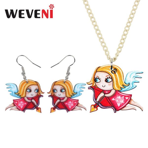 

weveni acrylic cute valentine's day cupid arrow angel necklace earrings jewelry sets girls teens festival charms gift decoration, Silver