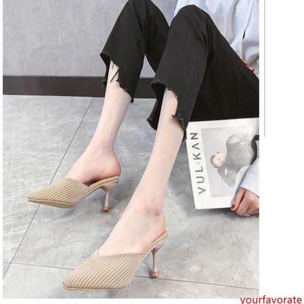 

net split lazy baotou half slippers women wear 2019 summer new knitted stiletto pointed high heel sandals autumn