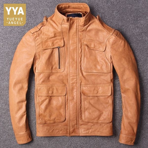 

sheepskin genuine leather short coat men vintage fashions stand collar slim fit real leather jacket spring zip moto jacket 3xl, Black