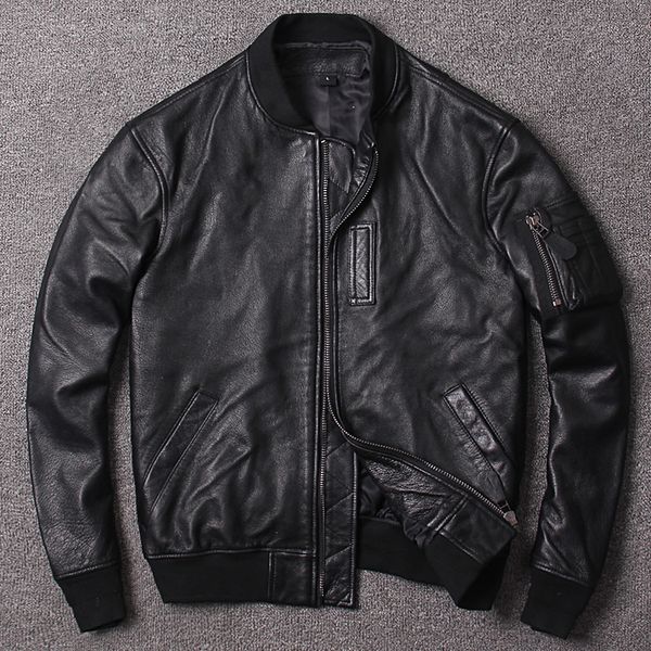 

men's leather & faux pilots genuine jacket restoring ancient washed goatskin men cotton baseball jackets, Black