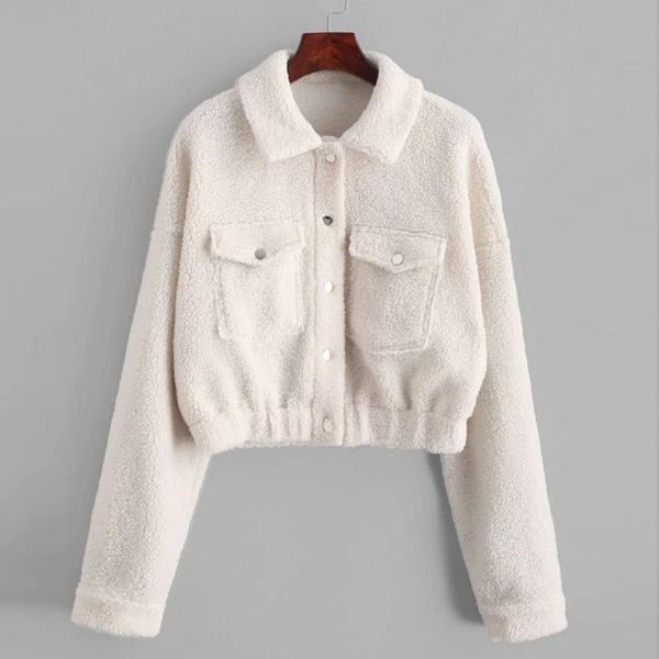 

teddy cozy slim autumn winter jacket women long sleeve buttons casual women coat and jacket streetwear white ladies #3, Black;brown