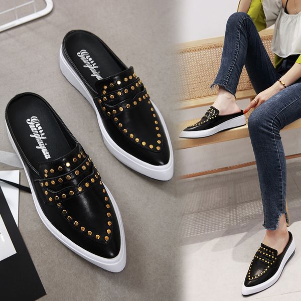 

slippers casual shoes woman 2020 rivet platform loafers pointed toe women heels high flat cover rubber fabric pu slides, Black