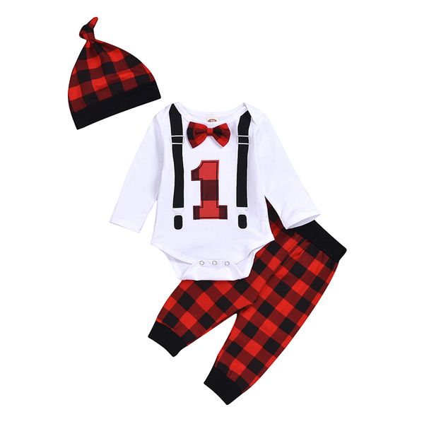

new 0-18m xmas newborn baby boys clothes sets letter print bow tie romper jumpsuit + plaid pants + hat winter clothes 2020 brand, White