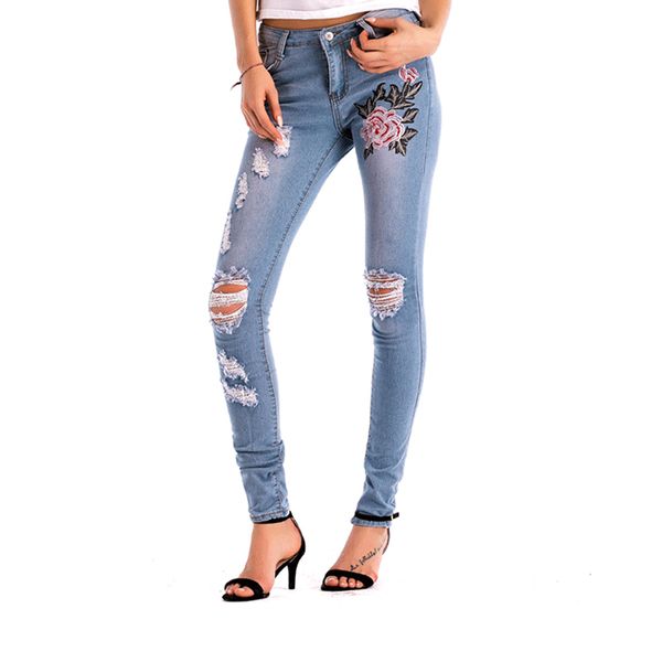 

plus size slim fit distressed jeans for women rose floral embroidered jeans women casual denim hole skinny destroyed ripped jean, Blue