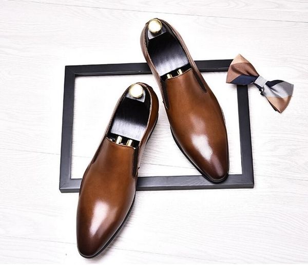 

italian genuine leather mens shoes casual flats fashion pointed toe mens loafers slip on men's party male wedding shoes, Black