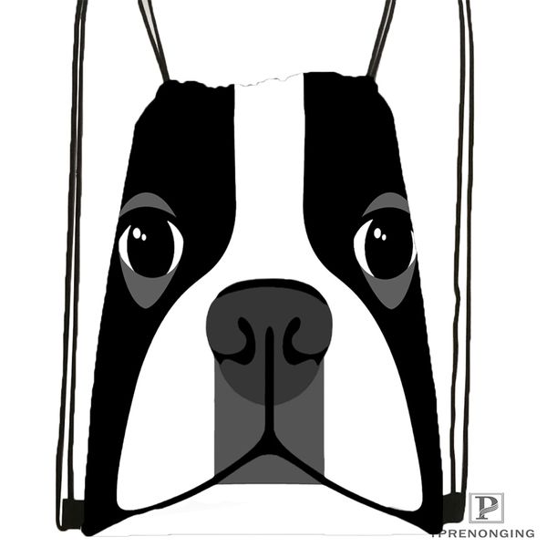 

custom black white dog boston terrier drawstring backpack bag cute daypack kids satchel (black back) 31x40cm#180531-02-30