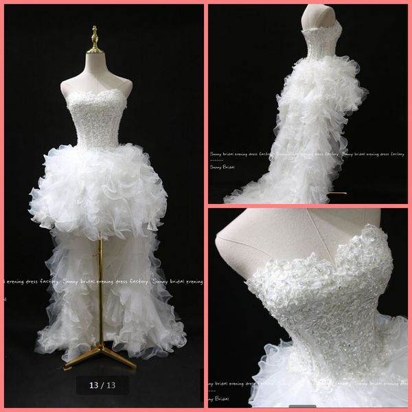 

2020 new real picture white ruffled high low wedding dress strapless sweetheart lace appliques beaded wedding gowns fashion bride dresses