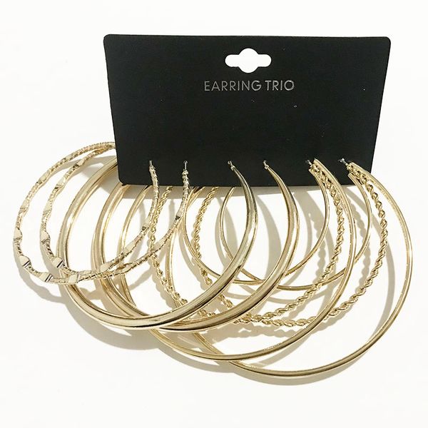 

hoop & huggie gothletic gold color pack of 3 large earrings set textured metal round circle earring for women brinco fashion jewelry 2021, Golden;silver
