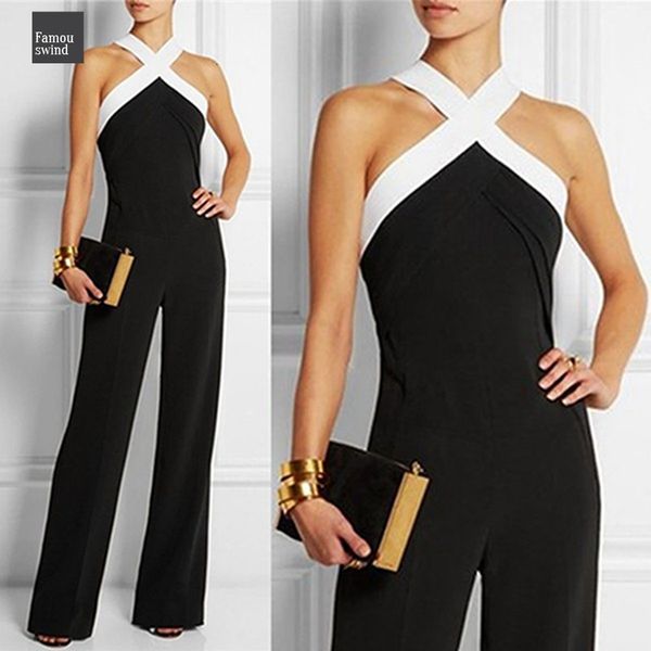 

длинные женщины комбинезоны 2019 лето плюс размер сексуальное rompers холтер шеи плеча рукавов повседневный костюм для подвижных игр lady ко, Black;white